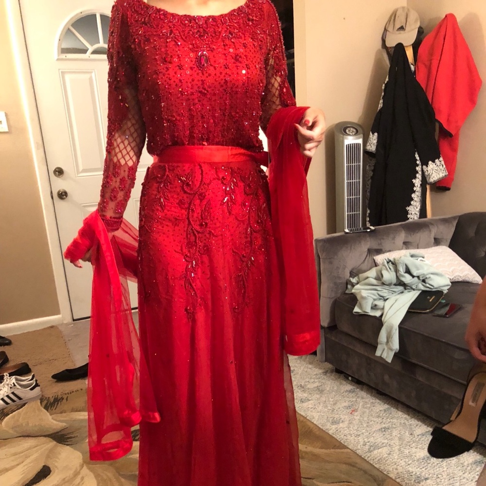 Red Chiffon Jeweled Lehenga